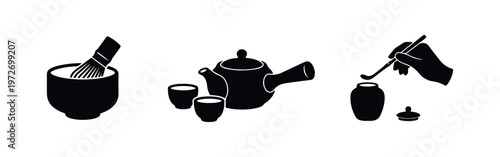 Set of black silhouette icons for the oil and gas industry, including an offshore rig, drilling derrick, and refinery tower on a white background.