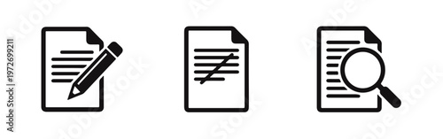 Set of three minimalist business icons illustrating project management, detailed analysis, and strategic problem-solving with a jigsaw puzzle.