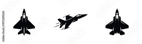 Set of black delivery service icons depicting courier carrying package, delivery by scooter, and successful package handover to customer.