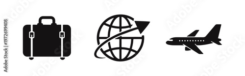 Set of minimalist black icons representing travel and global logistics, featuring a suitcase, globe with arrow, and airplane on a white background.