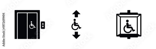 Set of black icons for wheelchair-accessible elevators, featuring symbols for elevator doors, directional arrows, and cabin top view on white.