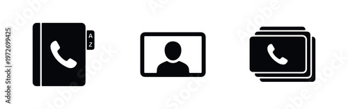 Minimalist black icon set for contacts, including a phone book, user profile, and business cards. Clean design for apps and communication interfaces.