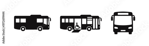 Set of minimalist black bus icons including front view, side profile, and accessible public transportation with a wheelchair ramp on white background.