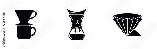 Set of black minimalist icons featuring manual pour-over coffee brewing equipment: a dripper on a mug, a glass carafe, and a paper filter.