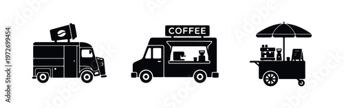 Set of black silhouettes featuring mobile coffee trucks and a street coffee cart. Ideal for cafe branding, street food icons, and catering designs.