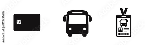Set of public transportation icons featuring a bus, a smart travel card, and a bus pass ID badge. Ideal for transit and commuting themes.