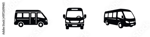 Set of three minimalist black minibus icons showing side, front, and perspective views, perfect for transportation and logistics design.