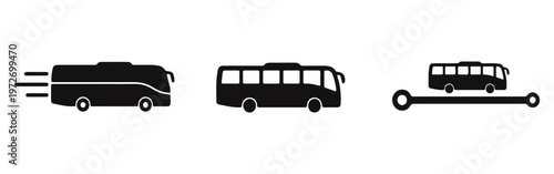 Collection of black bus icons illustrating express service, public transport, and route mapping on a white background.