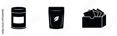 Minimalist black icons showing various tea packaging options: a tin canister, an organic pouch, and a box of tea bags on a white background.