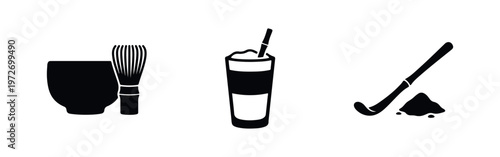 Minimalist black silhouette icons of matcha tea preparation including a whisk, bowl, latte glass, powder, and bamboo spoon on white background.