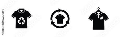 Sustainable fashion icon set featuring polo shirts with recycle and leaf symbols, representing eco-friendly apparel and textile recycling concepts.