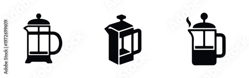 Set of three minimalist black French press icons on a white background. Flat vector illustrations of coffee brewing equipment and kitchenware.