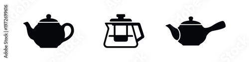 Set of three black teapot silhouettes including a classic kettle, a modern glass infuser, and a traditional Japanese kyusu on a white background.