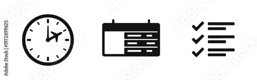 Set of black travel and flight planning icons including a clock with airplane, arrival board, and checklist on a white background.