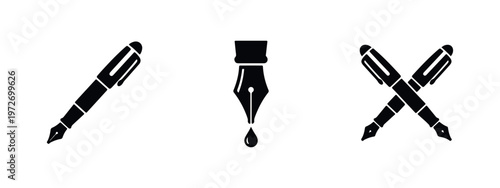Set of black fountain pen icons including a single pen, an ink nib with a drop, and crossed pens. Minimalist vector illustration on white.