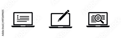 Set of minimalist black laptop icons representing blogging, online writing, content editing, and text searching. Perfect for digital publishing.