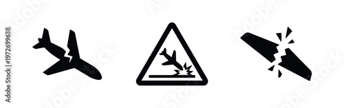 Set of minimalist black icons depicting an airplane crash, emergency landing, and broken aircraft parts, symbolizing aviation disasters and safety.