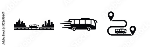 Set of black bus icons illustrating urban commuting, fast transit, and travel route navigation. Minimalist design for transport and logistics themes.