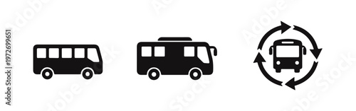 Set of black bus icons for public transportation and transit systems, featuring side views and a shuttle bus symbol with circular arrows.