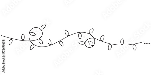 Festoon, garland with bulbs drawing with one continuous line. Festive, Christmas garland in simple linear style.  Split frame for design for banner, background. Vector editable illustration