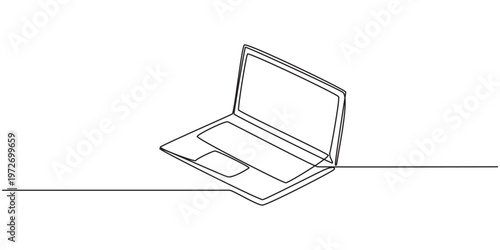 Continuous one line drawing of an open laptop computer on a white background, symbolizing digital technology, work, education, and online connection. Vector, illustration
