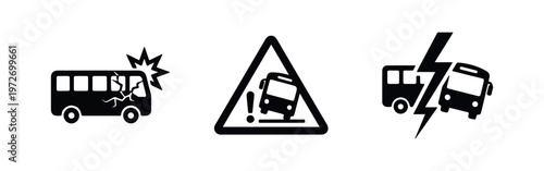 Set of bus accident and safety icons including a front-end crash, a rollover warning triangle, and a high-impact collision symbol.