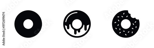 Set of three black donut silhouette icons: plain, glazed, and bitten with sprinkles. Minimalist food vector flat design on white background.