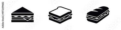 Set of three minimalist black sandwich icons featuring a club sandwich, a toast sandwich, and a baguette sub on a white background.