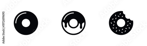 Set of three black donut icons isolated on white, featuring plain, glazed, and bitten styles with sprinkles for food and bakery design.