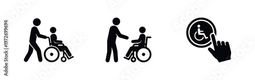 Set of accessibility icons showing wheelchair assistance, including a caregiver pushing a chair and a hand pressing a disabled call button symbol.
