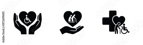 Set of black icons representing elderly care, nursing home services, and disability support, featuring hearts, hands, and medical symbols.