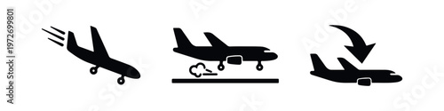 Foto Set of minimalist black airplane icons representing flight phases: takeoff, landing, and arrival