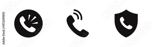 Set of three black phone icons featuring a calling handset in a circle, a ringing phone, and a secure call shield. Ideal for web and app interfaces.