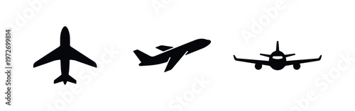 Set of three black airplane icons in different views: top, side perspective, and front. Minimalist silhouettes on a white background for travel design.