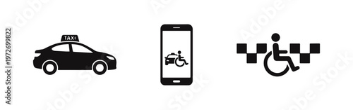 Set of black icons representing accessible taxi services, featuring a car silhouette, a smartphone app, and wheelchair accessibility symbols.