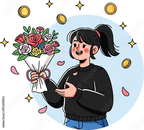Happy young woman holding flower bouquet with falling gold coins, successful female entrepreneur celebrating profit, flat vector illustration
