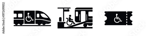 Set of black icons representing accessible rail travel, including a wheelchair-accessible train, a boarding ramp at a station, and a travel ticket.