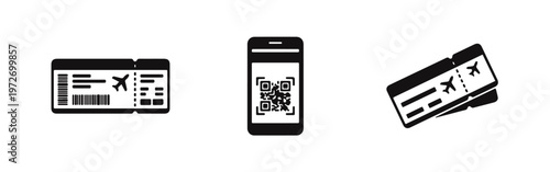 Black icons of air travel boarding passes and a mobile phone with a digital QR code ticket, isolated on white. Travel booking and check-in concept.