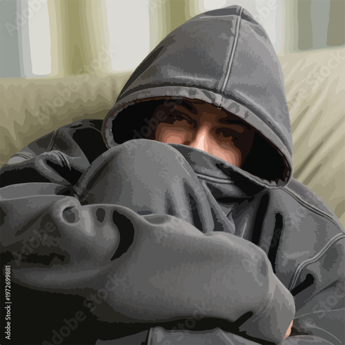 Person in Dark Hoodie Wrapping Face with Sleeve