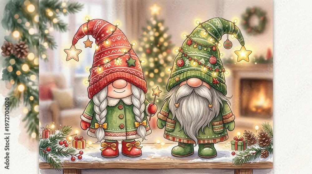 Fototapeta premium Whimsical Christmas Gnomes Decor Scene With Festive Tree And Cozy Fireplace