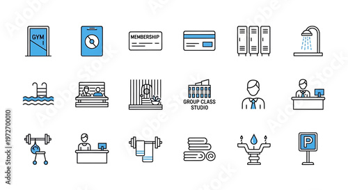 A collection of icons representing a gym or fitness center isolated on transparent background, isolated on white background, Vector