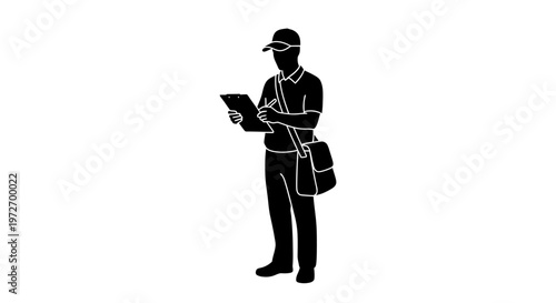 A delivery man holding a clipboard and pen isolated on transparent background, isolated on white background, Vector
