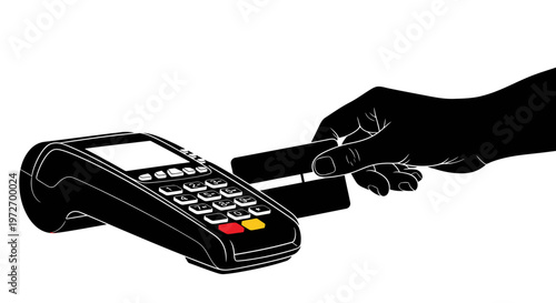 A hand holding a card next to a payment terminal isolated on transparent background, isolated on white background, Vector