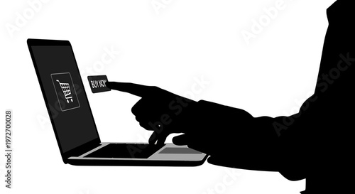 A hand pointing at a laptop with a buy now button isolated on transparent background, isolated on white background, Vector