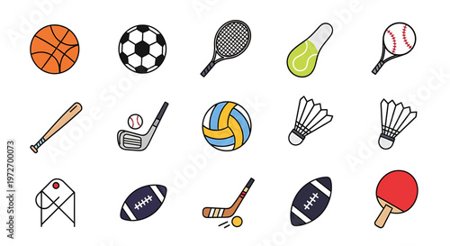 Collection of sports equipment and balls isolated on transparent background, isolated on white background, Vector