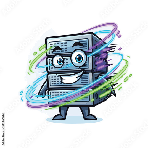 Smiling Rack of Servers with Energetic Swirls