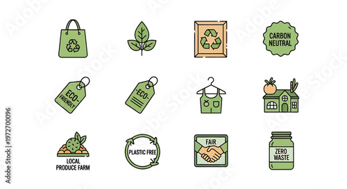 Eco friendly icons for sustainable living and environmental conservation isolated on transparent background, isolated on white background, Vector