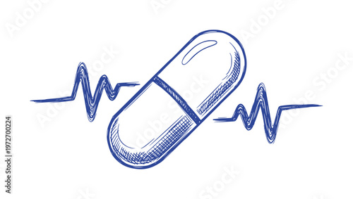 Blue of a capsule with electrocardiogram lines pill medicine healthcare medical