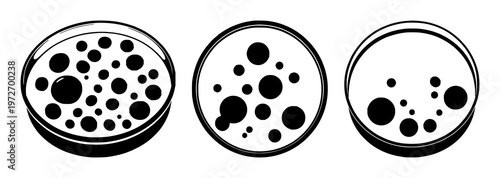 Petri dish set with solid black icon on white background featuring cell culture, microbiology, laboratory with bacteria and research
