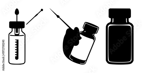 Vaccine vial and needle set with solid black icon on white background featuring biotech, illustrations, vector graphics with glyph and iconography